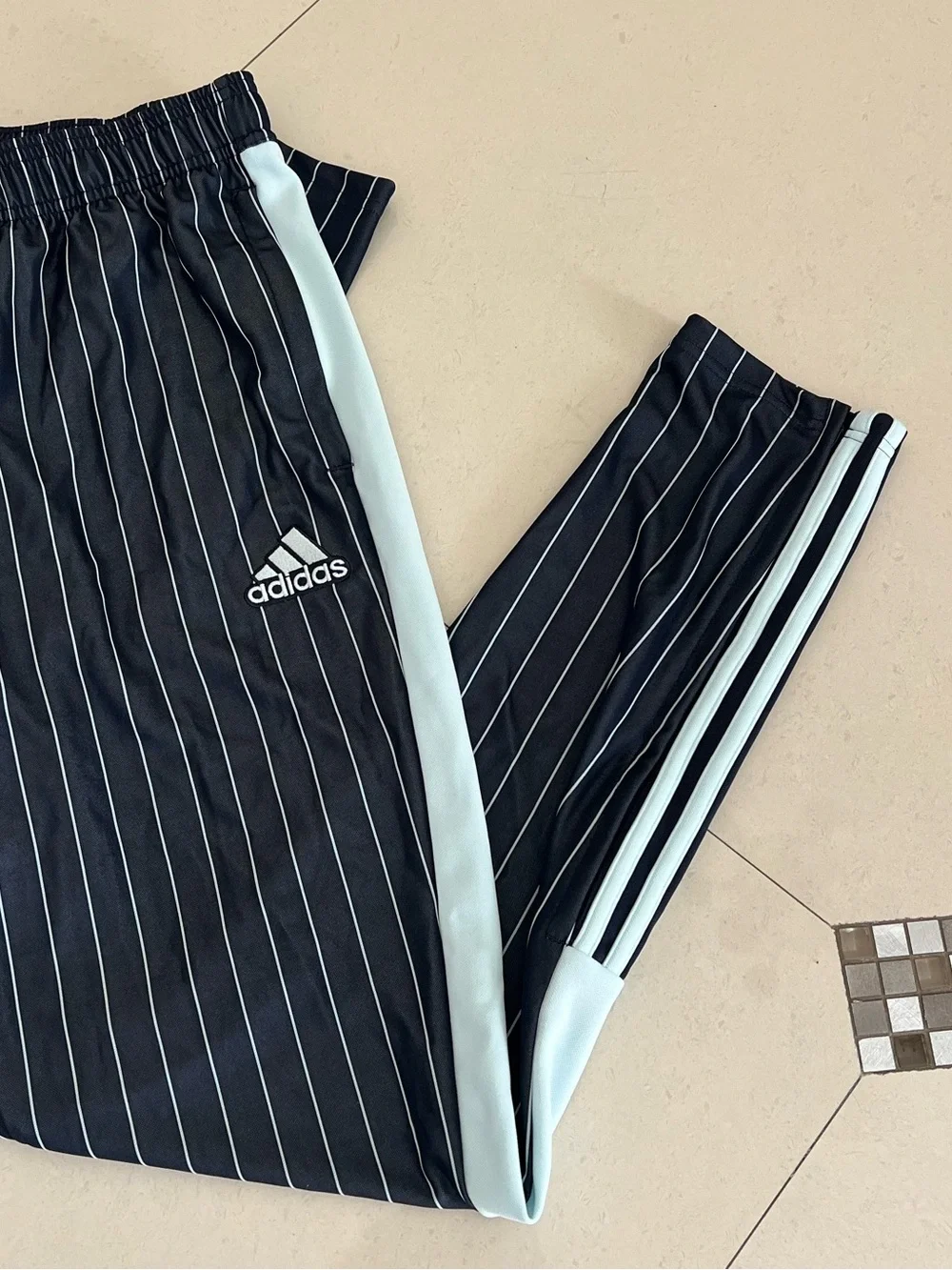 Adidas Black Navy Pinstripe Track Pants with Light Blue Side Stripes